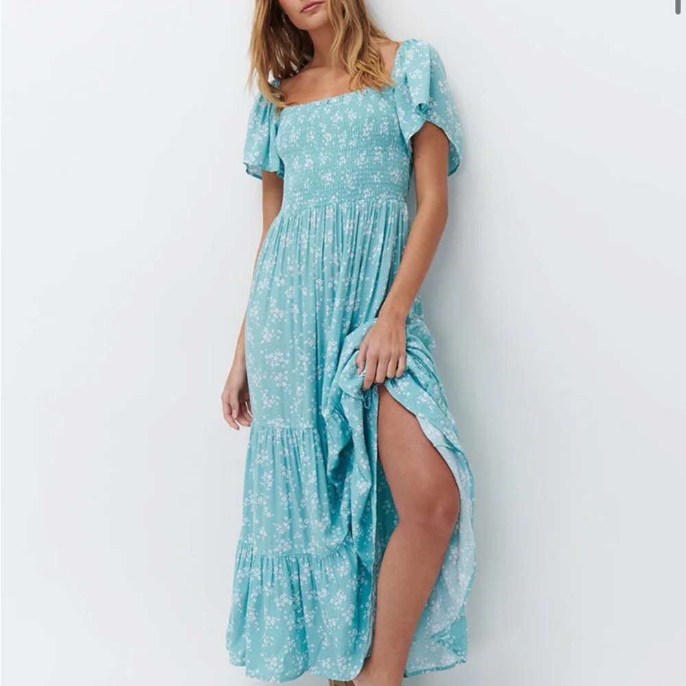 Ghanda Aqua Garden Floral Maxi Dress with Bell Sleeves